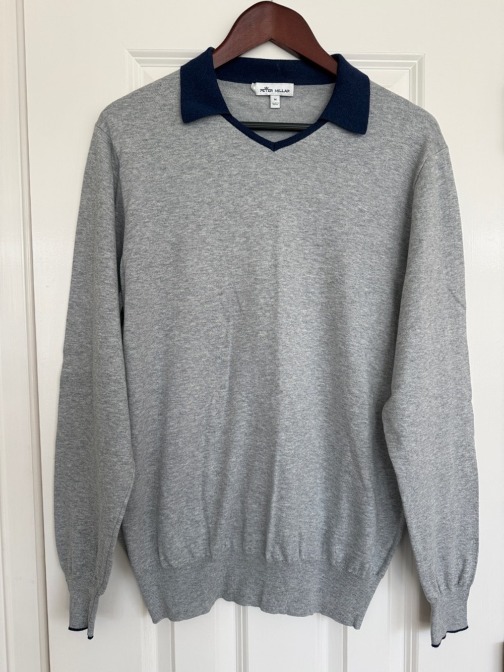 Peter Millar Light Gray V-Neck Sweater with Navy Trim